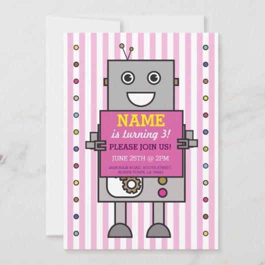 Invitation ROBOT Anniversaire Fête Pink Stripe Girls Invitati (Devant)