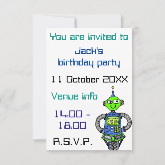 Invitation Robot Arnie, bleu et vert (Dos)