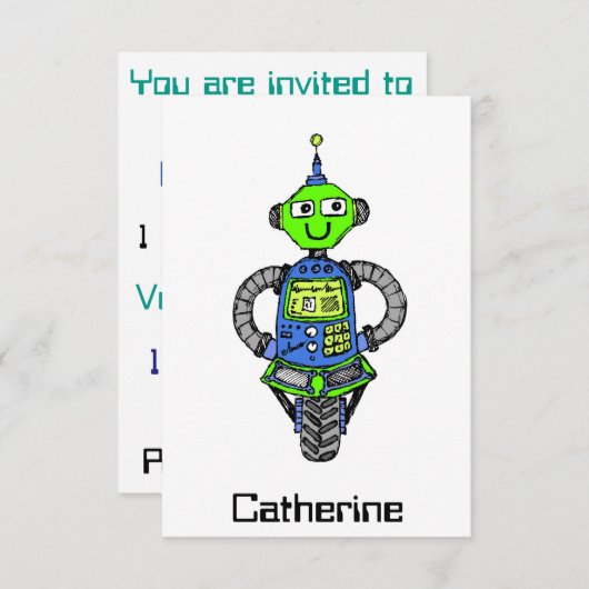 Invitation Robot Arnie, bleu et vert (Devant / Derrière)