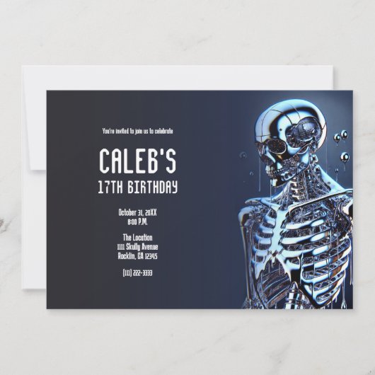 Invitation Robot de fête d'anniversaire squelette argent chro (Devant)