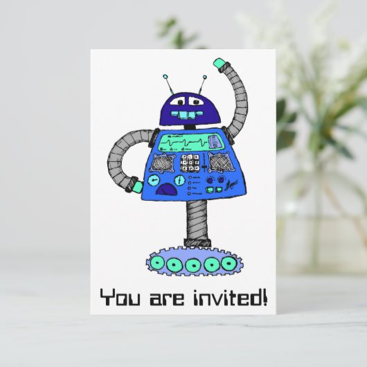 Invitation Robot de Frankie : Bleu sur le blanc (Debout devant)