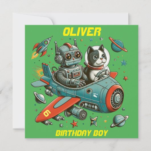 Invitation Robot et chat rétro personnalisables dans l'espace (Devant)
