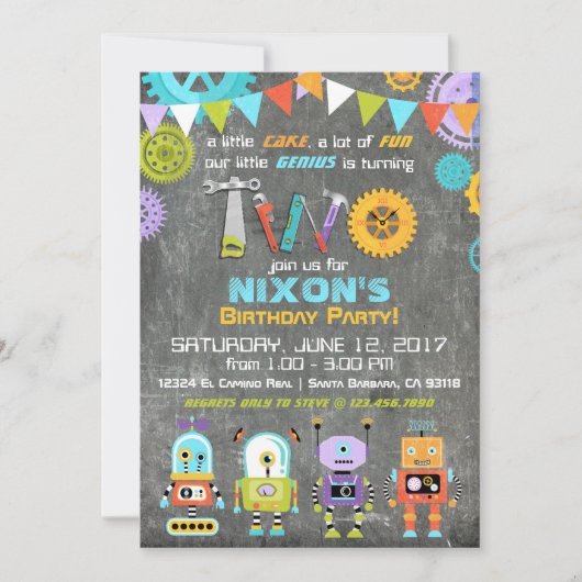 Invitation Robot Genius Gears Tools Chalkboard Anniversaire (Devant)
