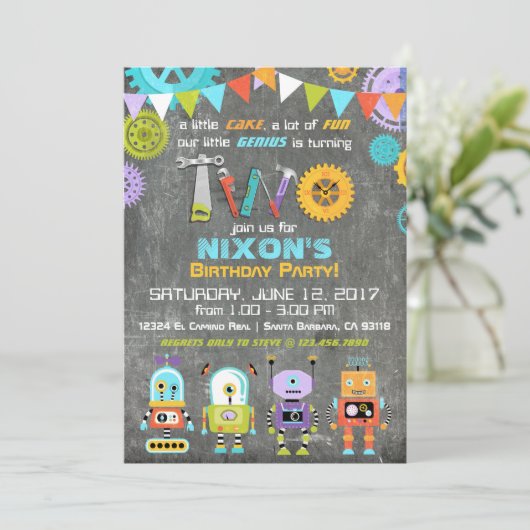 Invitation Robot Genius Gears Tools Chalkboard Anniversaire (Debout devant)