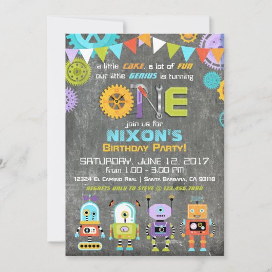 Invitation Robot Genius Gears Tools Chalkboard Anniversaire (Devant)
