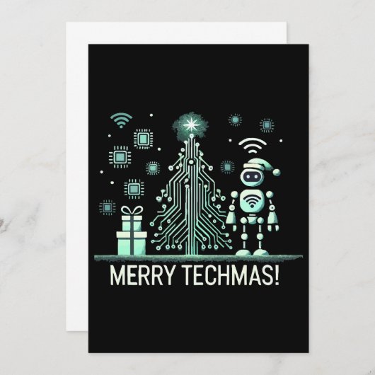 Invitation Robot IA avec arbre de Noël Tech - Joyeux Techmas (Devant / Derrière)