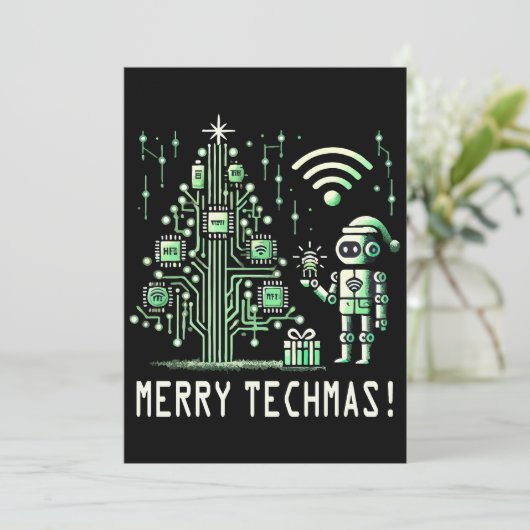 Invitation Robot IA avec arbre de Noël Tech - Joyeux Techmas (Debout devant)