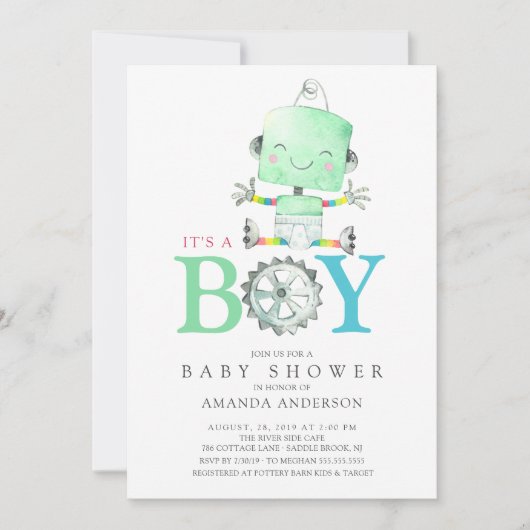Invitation Robot mignon C'est un Baby shower garçon (Devant)