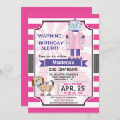 Invitation Robot rose mignon, fête d'anniversaire de la fille (Devant / Derrière)