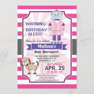 Invitation Robot rose mignon, fête d'anniversaire de la fille
