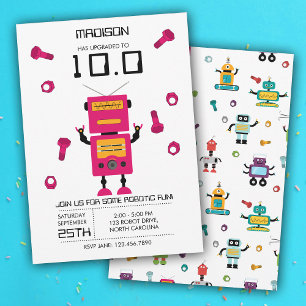 Invitation Robot rose mignon thème Enfants Robots Anniversair