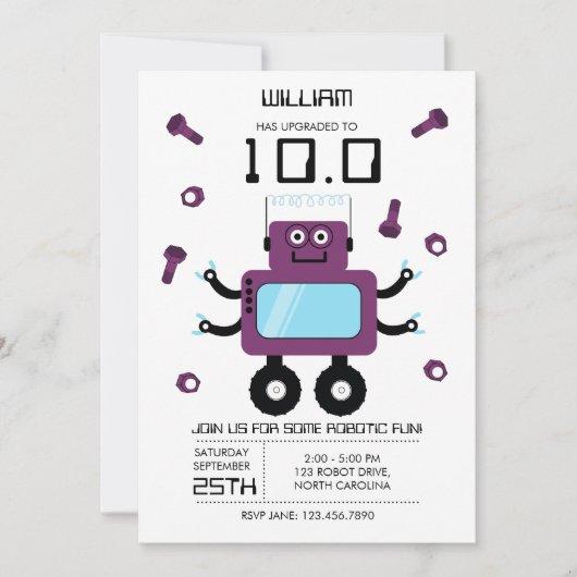 Invitation Robot violet mignon thème Enfants Robots fête d'an (Devant)