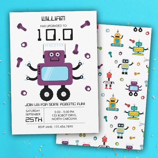 Invitation Robot violet mignon thème Enfants Robots fête d'an