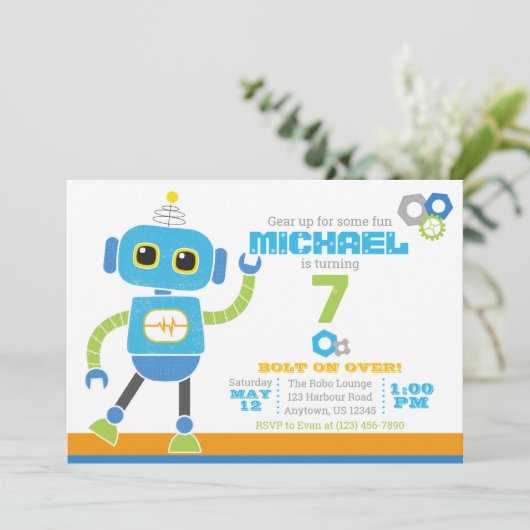 Invitation Robots et boulons Anniversaire bleu et vert (Debout devant)