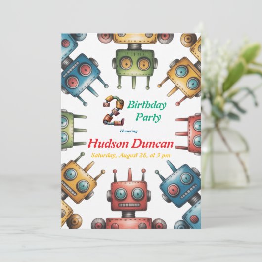 Invitation Robots rétro colorés garçon fête d'anniversaire (Debout devant)