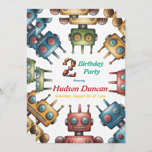 Invitation Robots rétro colorés garçon fête d'anniversaire (Devant / Derrière)