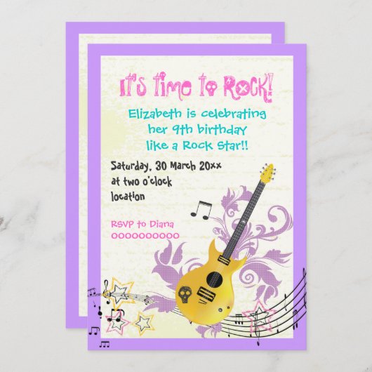 Invitation Rocher star girly électrique guitare anniversaire (Devant / Derrière)