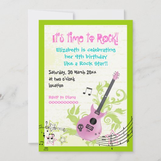 Invitation Rocher star girly électrique guitare anniversaire (Devant)