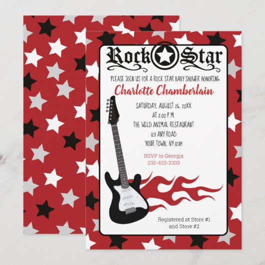 Invitation Rock a Bye Red Rock Star Guitare Baby shower (Devant / Derrière)