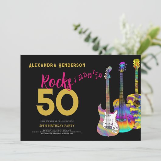Invitation Rock and Roll 50ème Anniversaire Fête Rose Noir Or (Debout devant)