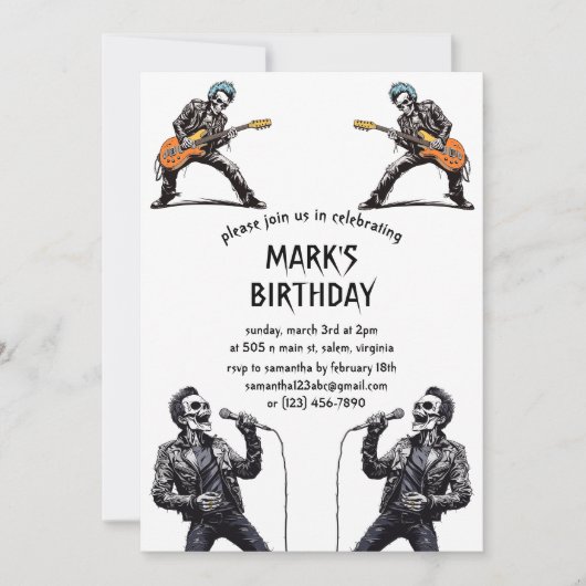 Invitation Rock and Roll Skeletons Anniversaire (Devant)