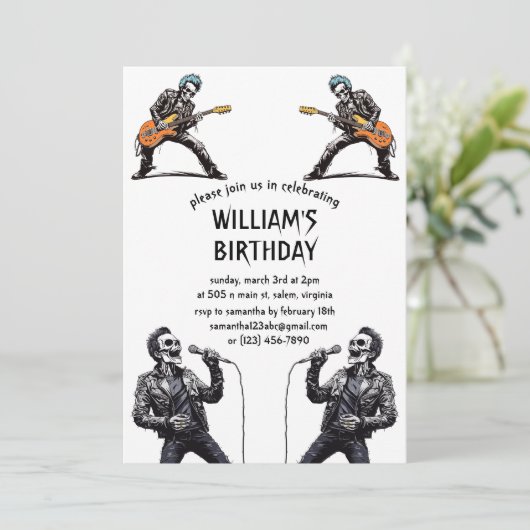 Invitation Rock and Roll Skeletons Anniversaire (Debout devant)