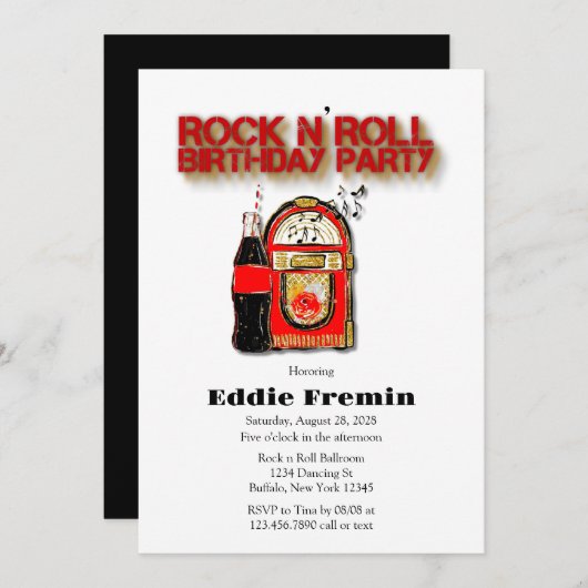 Invitation Rock n'Roll Jukebox fête d'anniversaire (Devant / Derrière)