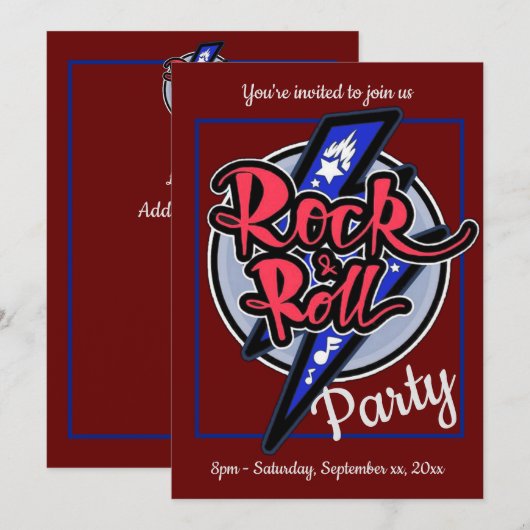 Invitation Rock & Roll Fête Rouge Éclair (Devant / Derrière)
