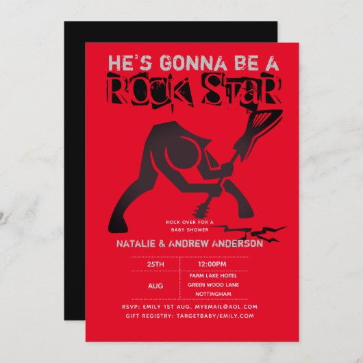 Invitation ROCK STAR GARYS Baby shower Rouge Noir Guitare mod (Devant / Derrière)