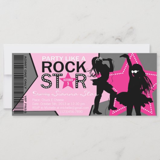 Invitation Rock Star Girl Band Anniversaire rose Grey (Devant)