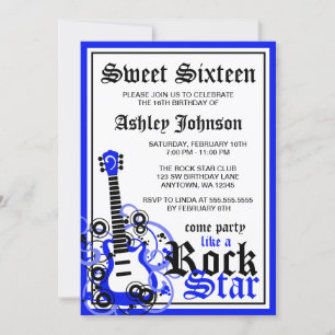 Invitation Rock Star Guitar Sweet 16 Anniversaire Party Blue