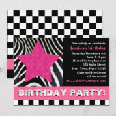 Invitation Rock Star Zebra Birthday Party - rose (Devant / Derrière)