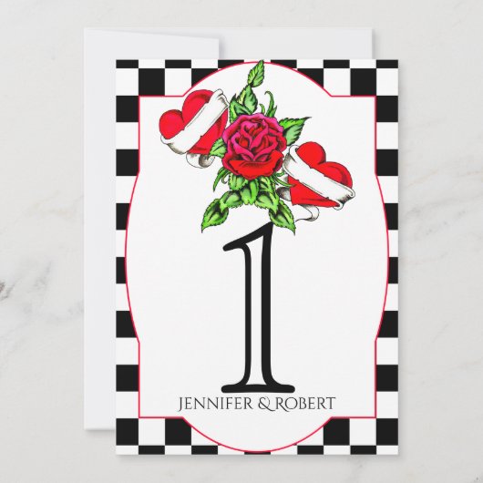 Invitation Rockabilly Hearts Rose Mariage Numéro de tableau (Dos)