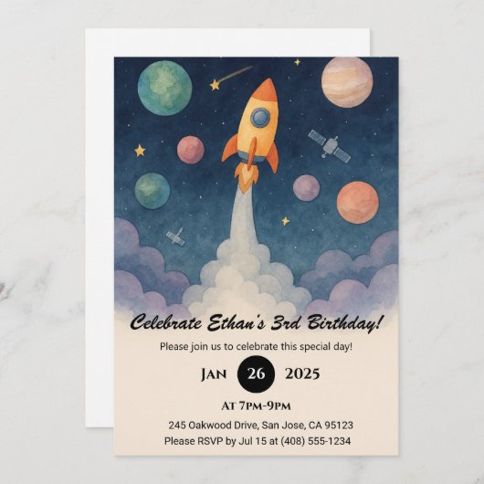 Invitation Rocket dans Starry Galaxy Scène Anniversaire (Devant / Derrière)