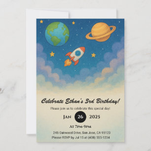 Invitation Rocket et planètes dans l'espace coloré Anniversai