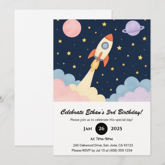Invitation Rocket Launch & Starry Night Sky Birthday (Devant / Derrière)