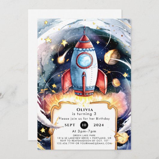 Invitation Rocket Space colorée Anniversaire (Devant / Derrière)