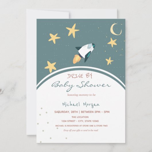 Invitation Rocket Space Stars Drive Par Baby shower Invitatio (Devant)