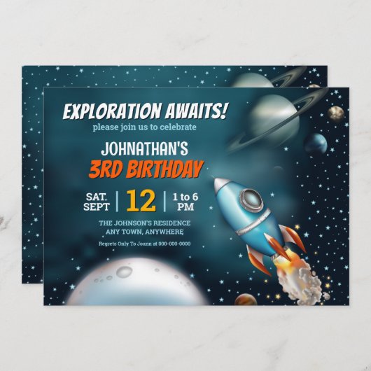 Invitation Rocketship Space Adventure Boy Anniversaire (Devant / Derrière)