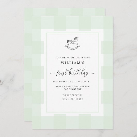 Invitation Rocking Horse Green En vichy 1er anniversaire Invi (Devant / Derrière)