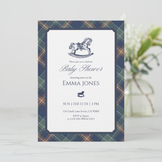 Invitation Rocking Horse Tartan Plaid Classic Baby Shower (Debout devant)