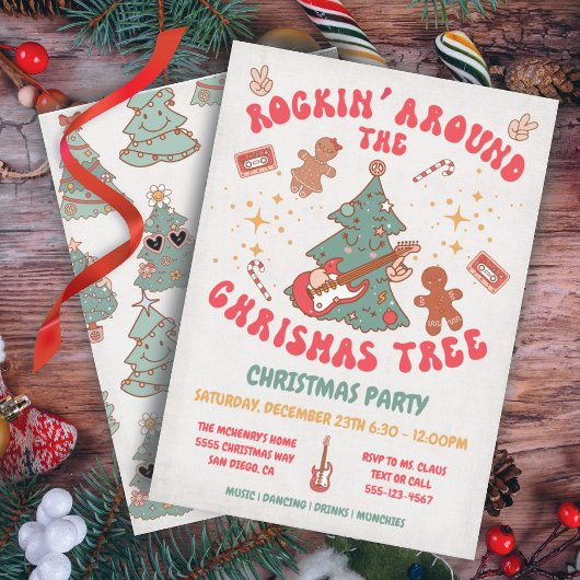 Invitation Rockin's Christmas Tree Hippie Retro Party