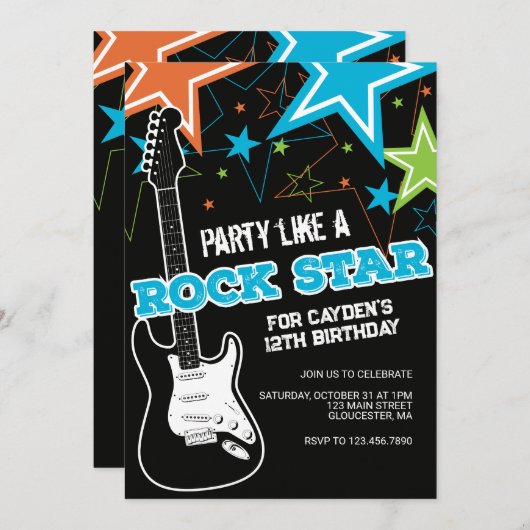 Invitation Rockstar Blue Orange guitare anniversaire Invitati (Devant / Derrière)