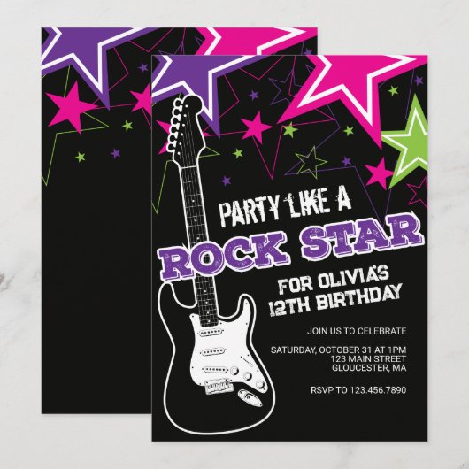 Invitation Rockstar Pink violet guitare anniversaire (Devant / Derrière)