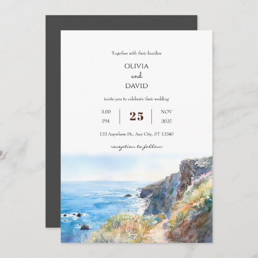 Invitation Rocky Cliff Trail Blue Ocean Waves Beach Mariage (Devant / Derrière)