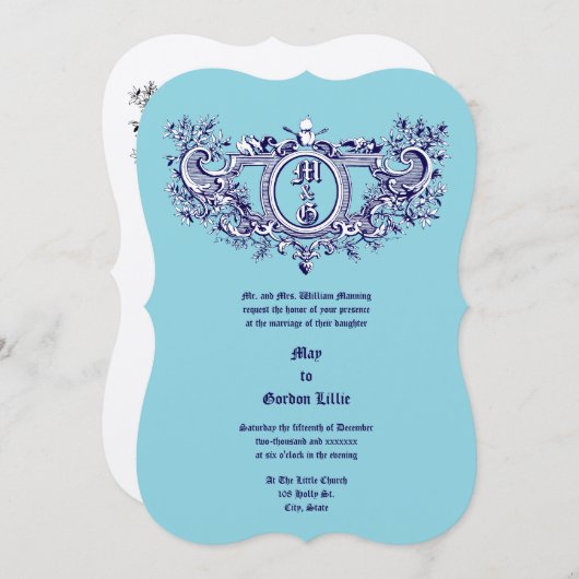 Invitation Rococo Baroque Cartouche Flaming Coeurs & Oiseaux (Devant / Derrière)