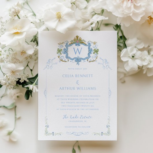 Invitation Rococo Bleu Monogramme Armoiries Mariage