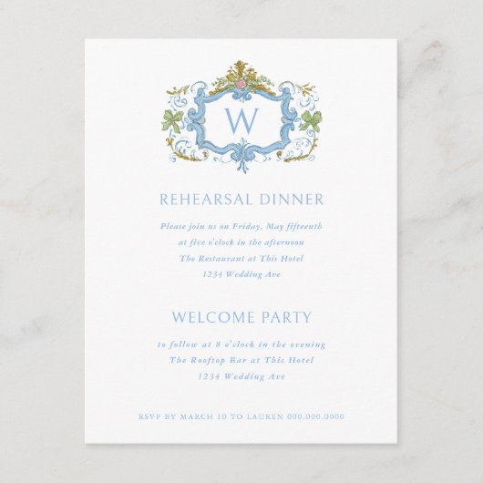 Invitation Rococo Blue Monogram Crest Rehearsal Dinner (Devant)