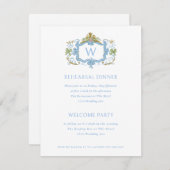 Invitation Rococo Blue Monogram Crest Rehearsal Dinner (Devant / Derrière)