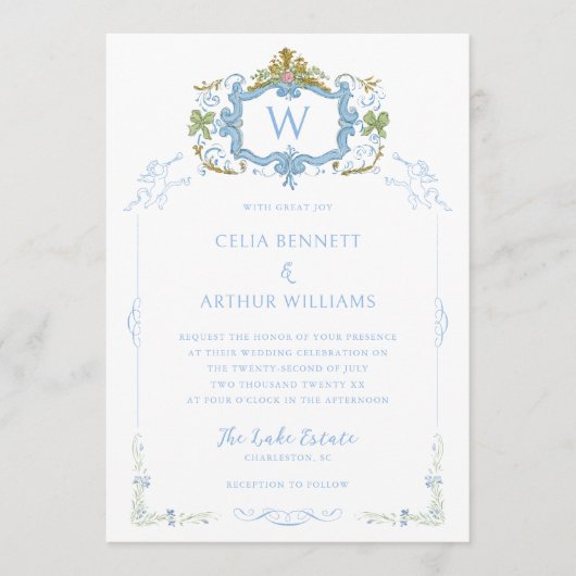 Invitation Rococo Blue Monogram Crest Wedding (Devant)